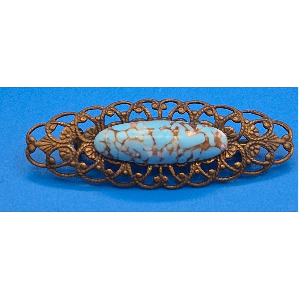 Vintage Brooch Pin Blue Gold Filigree Ornate Victorian Style Antique Brass Tone